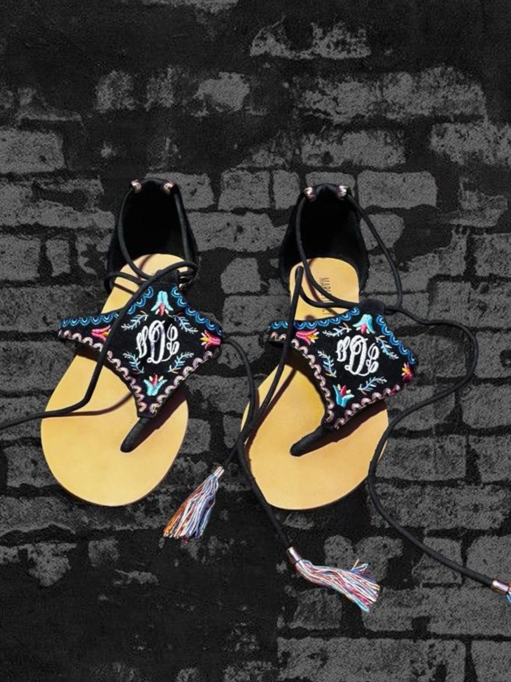 Embroidered Black Lace-Up Women's Sandals with Multicolor Detail
